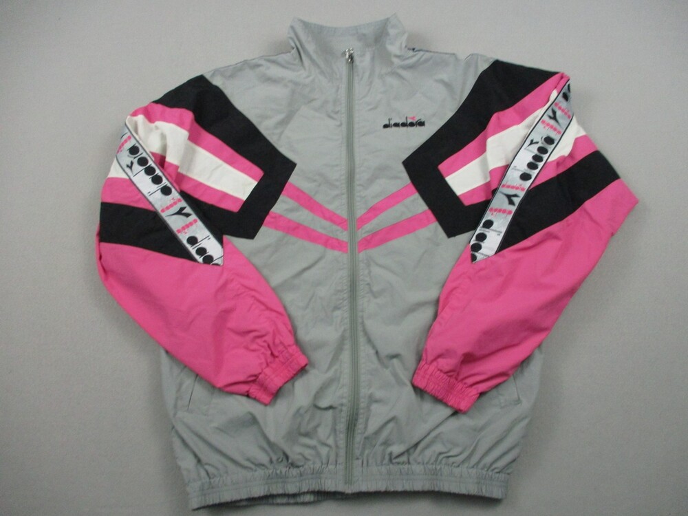 Vintage Diadora Track Jacket Men Medium Gray Pink Colorblock MVB Full Zip Soccer